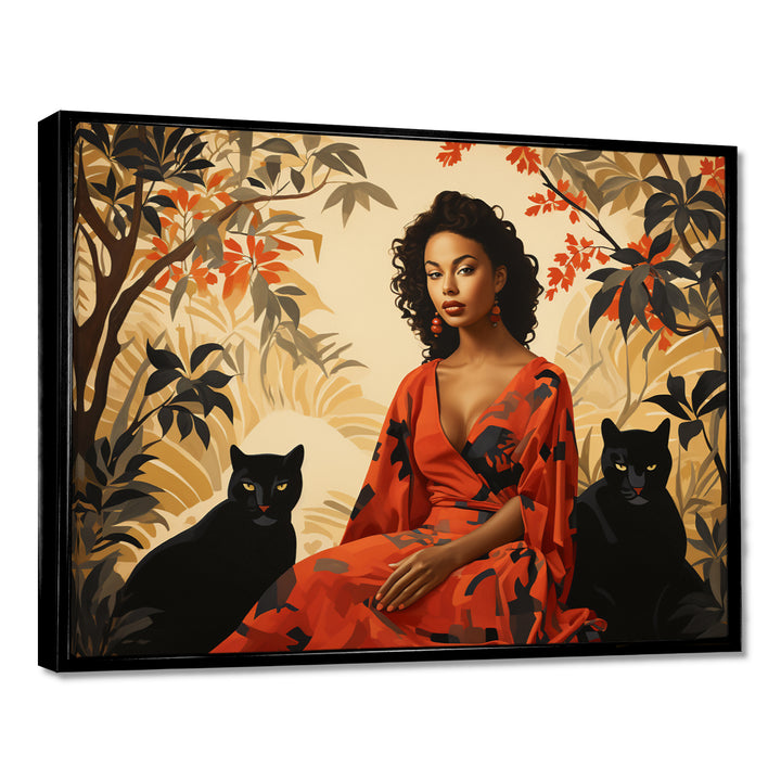 Two Black Panthers Woman In Red Dress - Panther Wall Art Prints