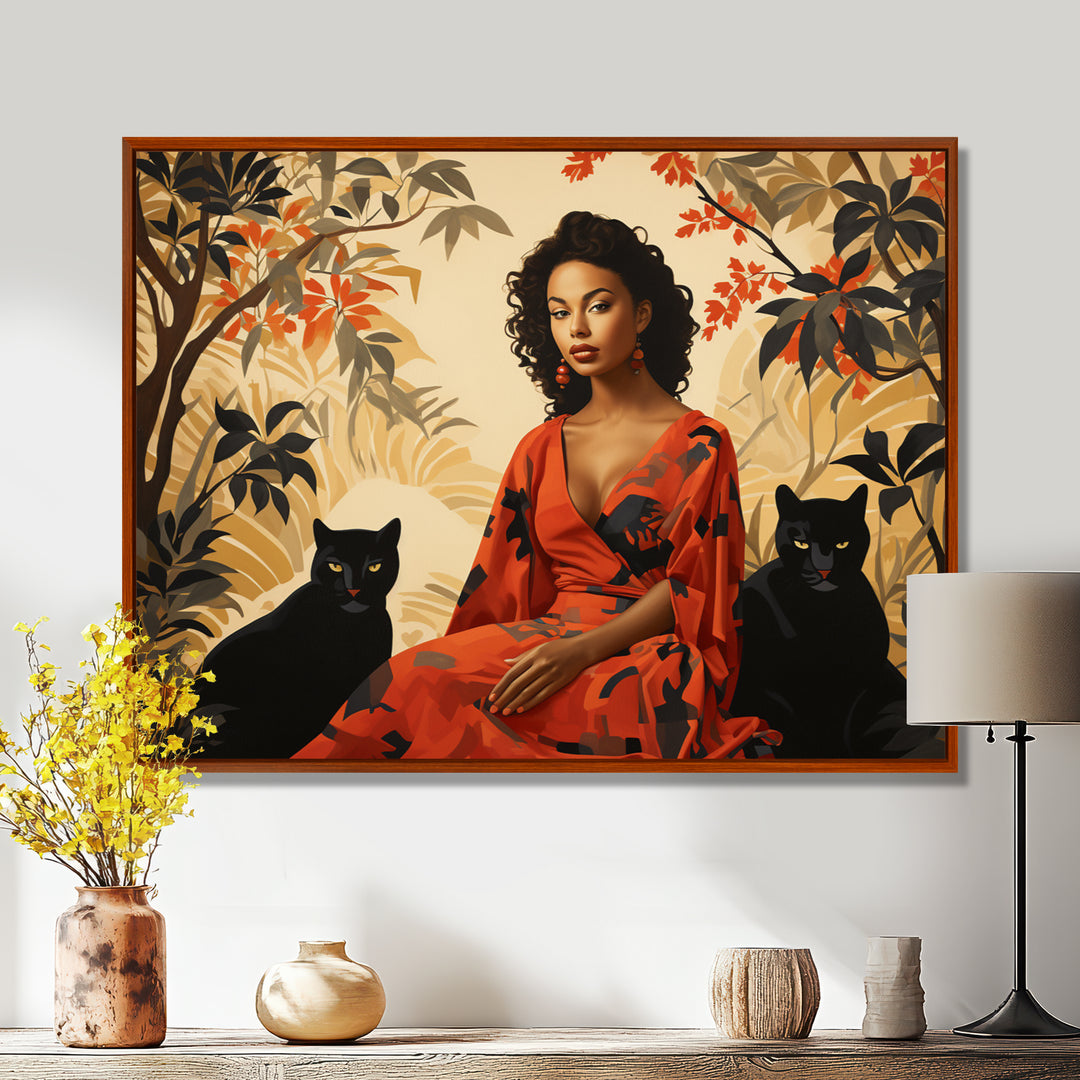 Two Black Panthers Woman In Red Dress - Panther Wall Art Prints