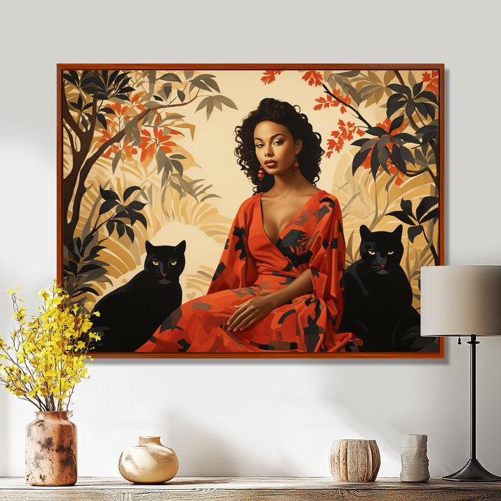 Two Black Panthers Woman In Red Dress - Panther Wall Art Prints
