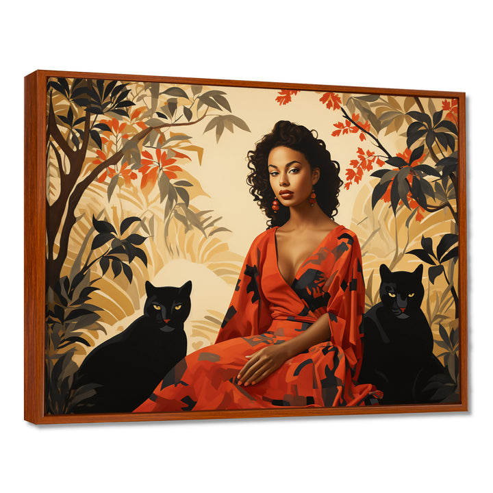 Two Black Panthers Woman In Red Dress - Panther Wall Art Prints