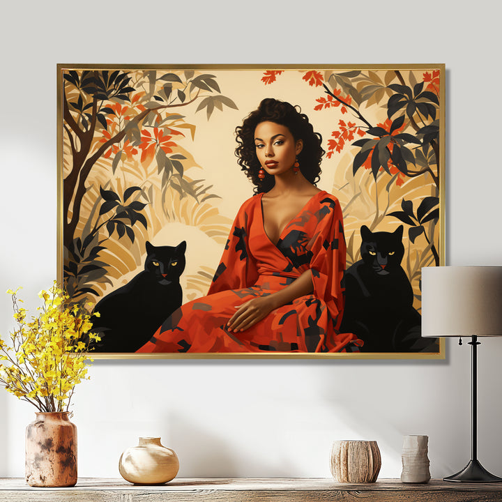 Two Black Panthers Woman In Red Dress - Panther Wall Art Prints