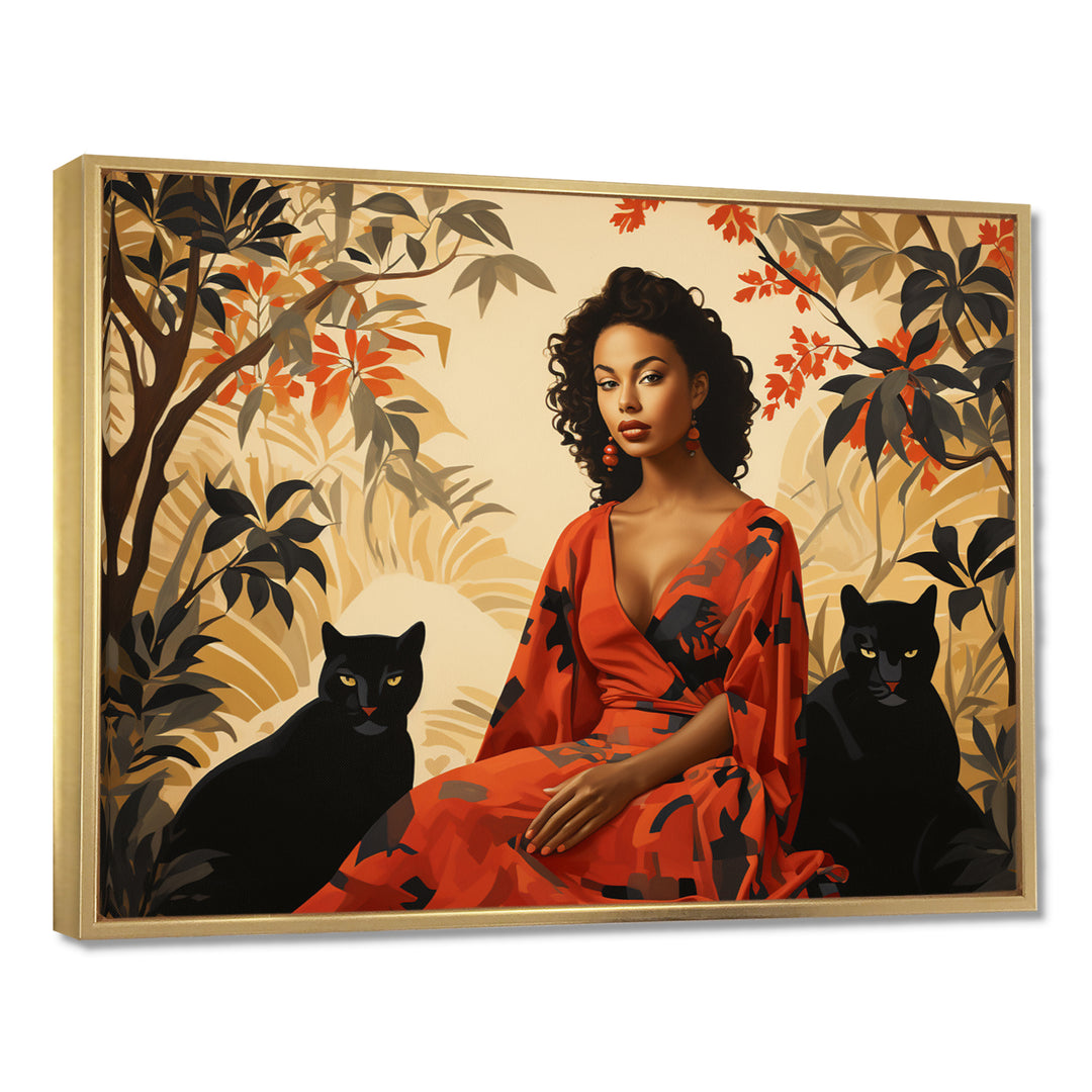 Two Black Panthers Woman In Red Dress - Panther Wall Art Prints