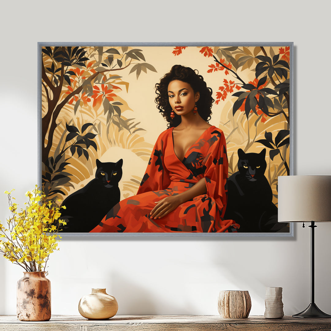 Two Black Panthers Woman In Red Dress - Panther Wall Art Prints