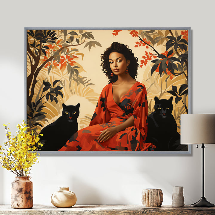 Two Black Panthers Woman In Red Dress - Panther Wall Art Prints