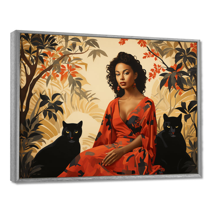 Two Black Panthers Woman In Red Dress - Panther Wall Art Prints