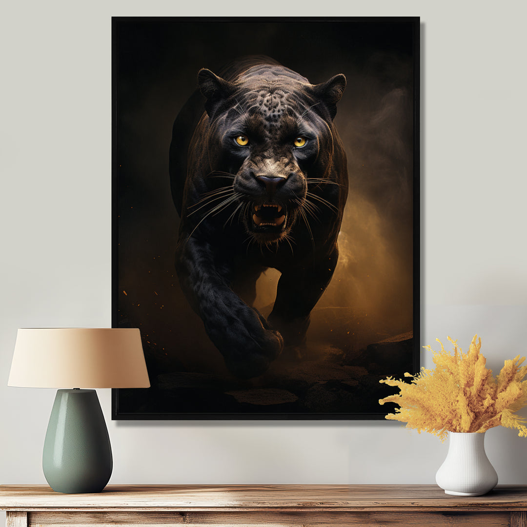 Ferocious Black Panther Running In The Mist - Panther Large Canvas Wall Art