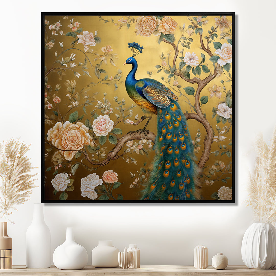 Majestic Peacock On Vintage Gold Blooming White Flowers - Peacock Living Room Wall Art