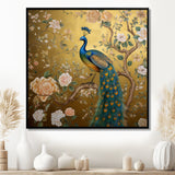 Majestic Peacock On Vintage Gold Blooming White Flowers - Peacock Living Room Wall Art