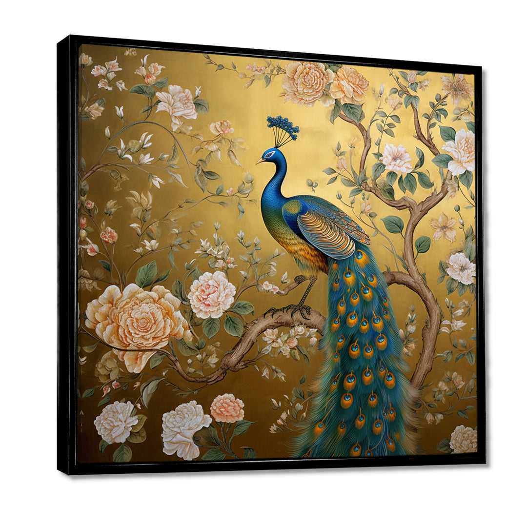 Majestic Peacock On Vintage Gold Blooming White Flowers - Peacock Living Room Wall Art