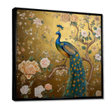 Majestic Peacock On Vintage Gold Blooming White Flowers - Peacock Living Room Wall Art