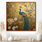 Majestic Peacock On Vintage Gold Blooming White Flowers - Peacock Living Room Wall Art