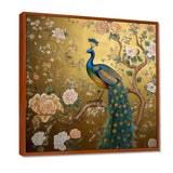 Majestic Peacock On Vintage Gold Blooming White Flowers - Peacock Living Room Wall Art