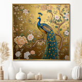Majestic Peacock On Vintage Gold Blooming White Flowers - Peacock Living Room Wall Art