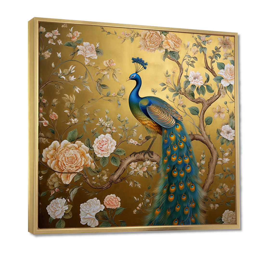 Majestic Peacock On Vintage Gold Blooming White Flowers - Peacock Living Room Wall Art