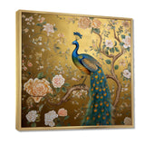 Majestic Peacock On Vintage Gold Blooming White Flowers - Peacock Living Room Wall Art