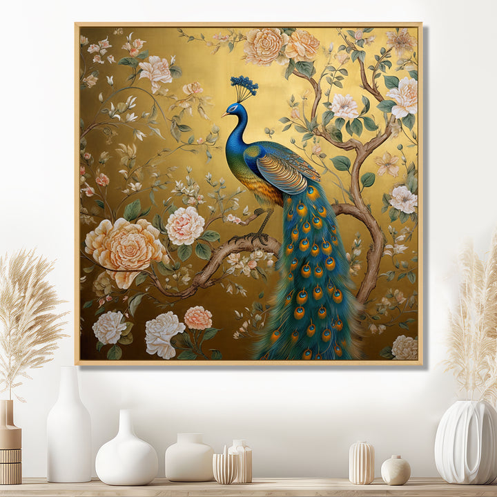 Majestic Peacock On Vintage Gold Blooming White Flowers - Peacock Living Room Wall Art