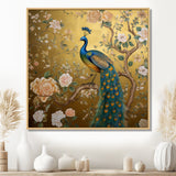 Majestic Peacock On Vintage Gold Blooming White Flowers - Peacock Living Room Wall Art