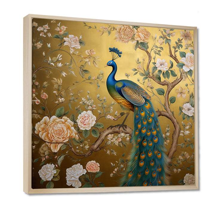 Majestic Peacock On Vintage Gold Blooming White Flowers - Peacock Living Room Wall Art
