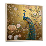 Majestic Peacock On Vintage Gold Blooming White Flowers - Peacock Living Room Wall Art