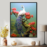 White Peacock On Branch With Red Flowers - Peacock Canvas Wall Art