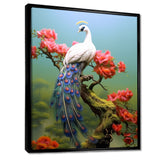 White Peacock On Branch With Red Flowers - Peacock Canvas Wall Art