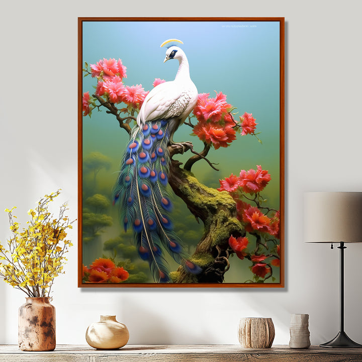 White Peacock On Branch With Red Flowers - Peacock Canvas Wall Art