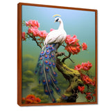 White Peacock On Branch With Red Flowers - Peacock Canvas Wall Art
