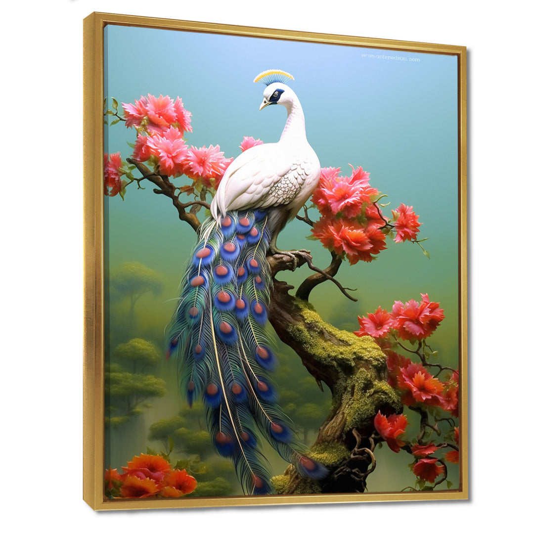 White Peacock On Branch With Red Flowers - Peacock Canvas Wall Art