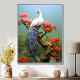 White Peacock On Branch With Red Flowers - Peacock Canvas Wall Art