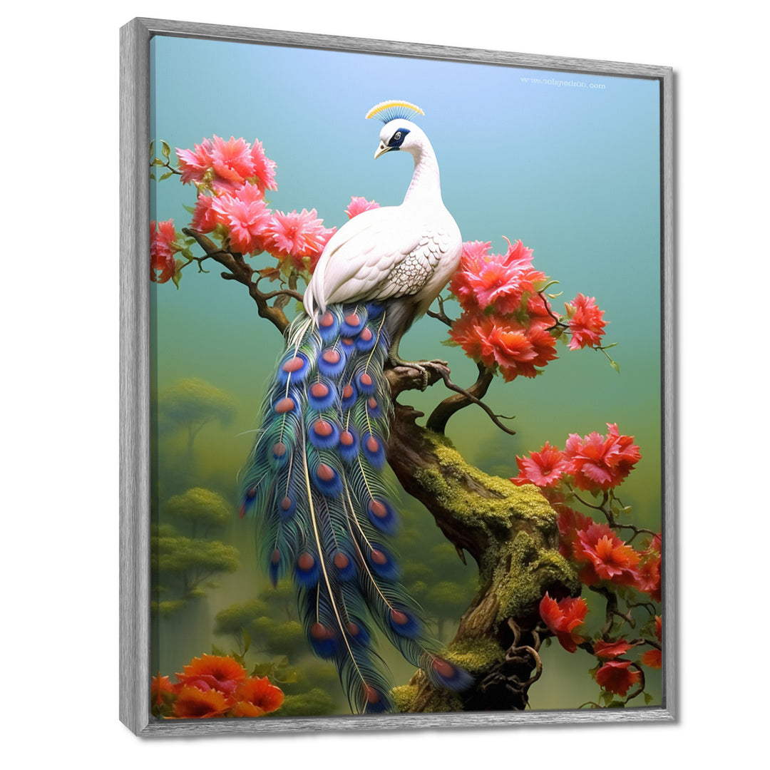 White Peacock On Branch With Red Flowers - Peacock Canvas Wall Art
