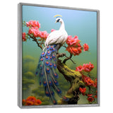 White Peacock On Branch With Red Flowers - Peacock Canvas Wall Art