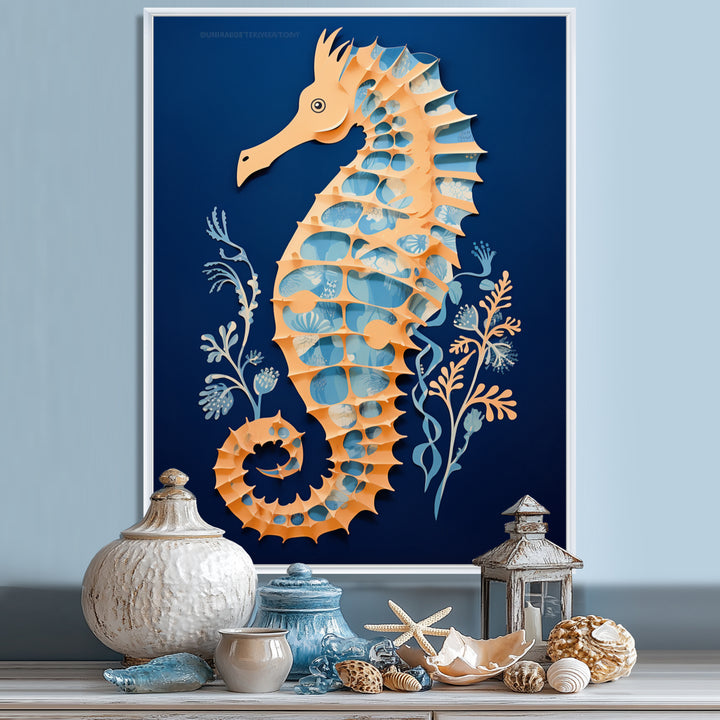 Gilded Blue Seahorse On Deep Blue - Blue Seahorse Wall Art