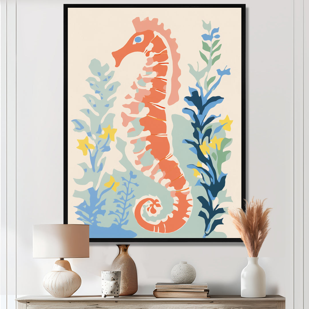 Orange Deep Ocean Seahorse Retro Illustration - Blue Seahorse Wall Art