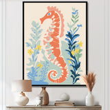 Orange Deep Ocean Seahorse Retro Illustration - Blue Seahorse Wall Art
