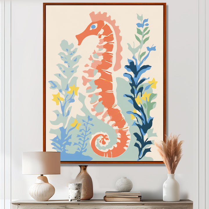 Orange Deep Ocean Seahorse Retro Illustration - Blue Seahorse Wall Art