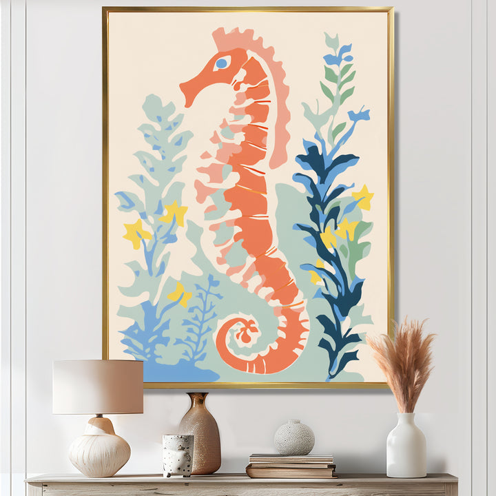 Orange Deep Ocean Seahorse Retro Illustration - Blue Seahorse Wall Art