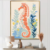 Orange Deep Ocean Seahorse Retro Illustration - Blue Seahorse Wall Art