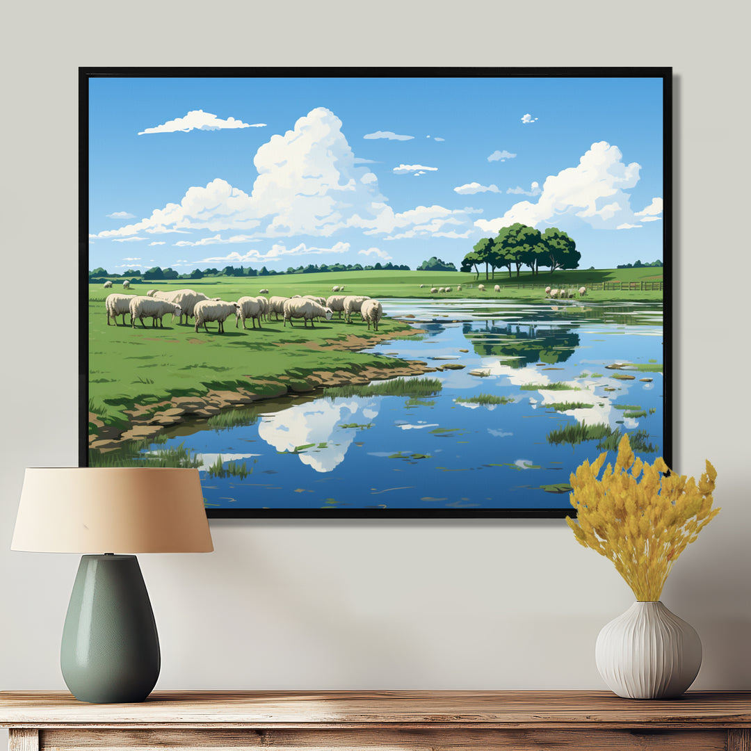 Herd Of Sheep Grazing By The River - Sheep Living Room Wall Art