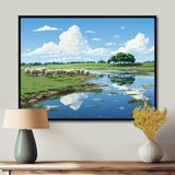 Herd Of Sheep Grazing By The River - Sheep Living Room Wall Art