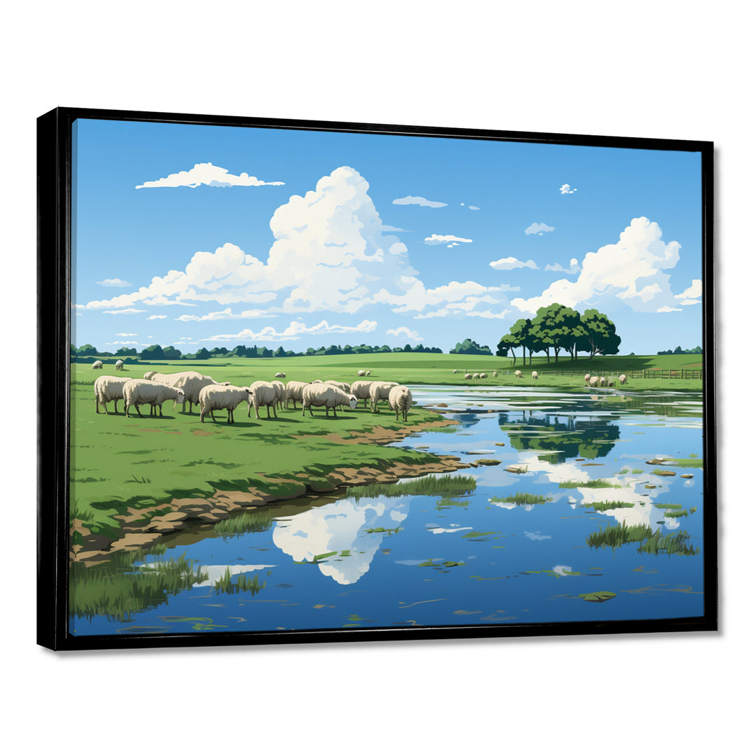 Herd Of Sheep Grazing By The River - Sheep Living Room Wall Art