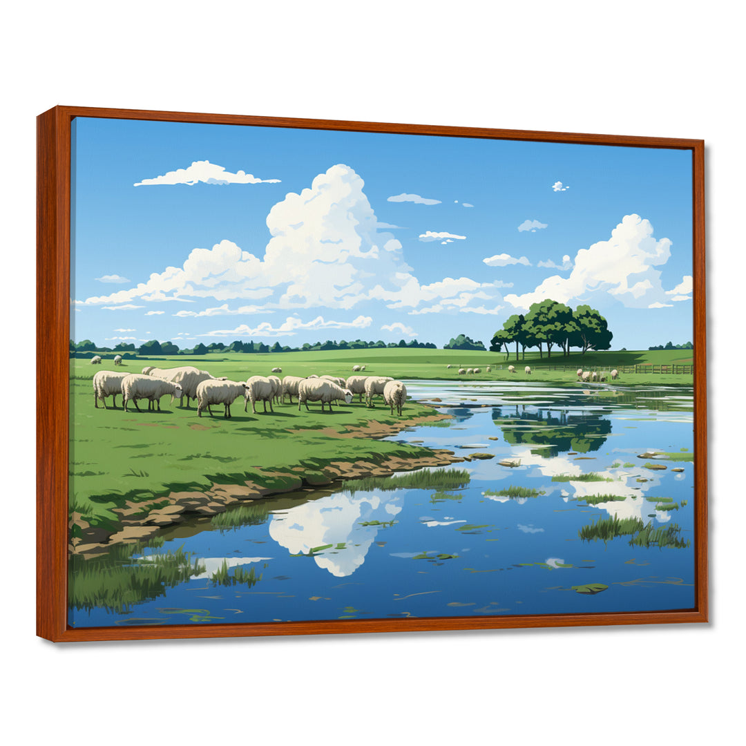 Herd Of Sheep Grazing By The River - Sheep Living Room Wall Art
