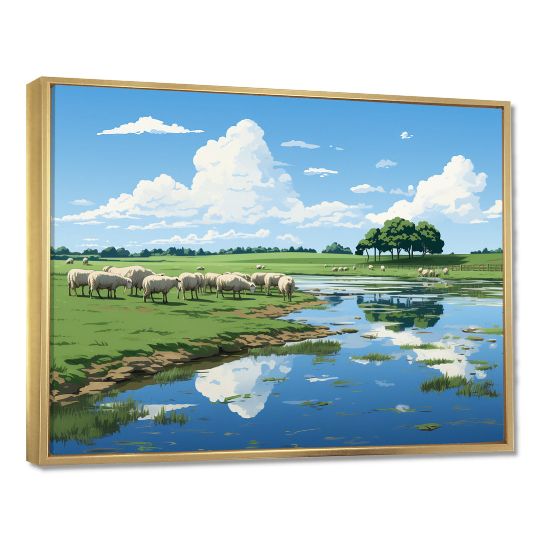 Herd Of Sheep Grazing By The River - Sheep Living Room Wall Art