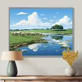 Herd Of Sheep Grazing By The River - Sheep Living Room Wall Art