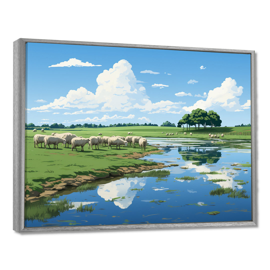 Herd Of Sheep Grazing By The River - Sheep Living Room Wall Art
