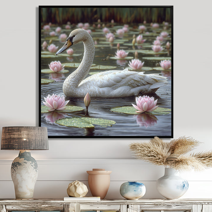 White Swan In Pond Blossoming Pink Lotus - Swans Canvas Wall Art