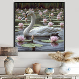 White Swan In Pond Blossoming Pink Lotus - Swans Canvas Wall Art