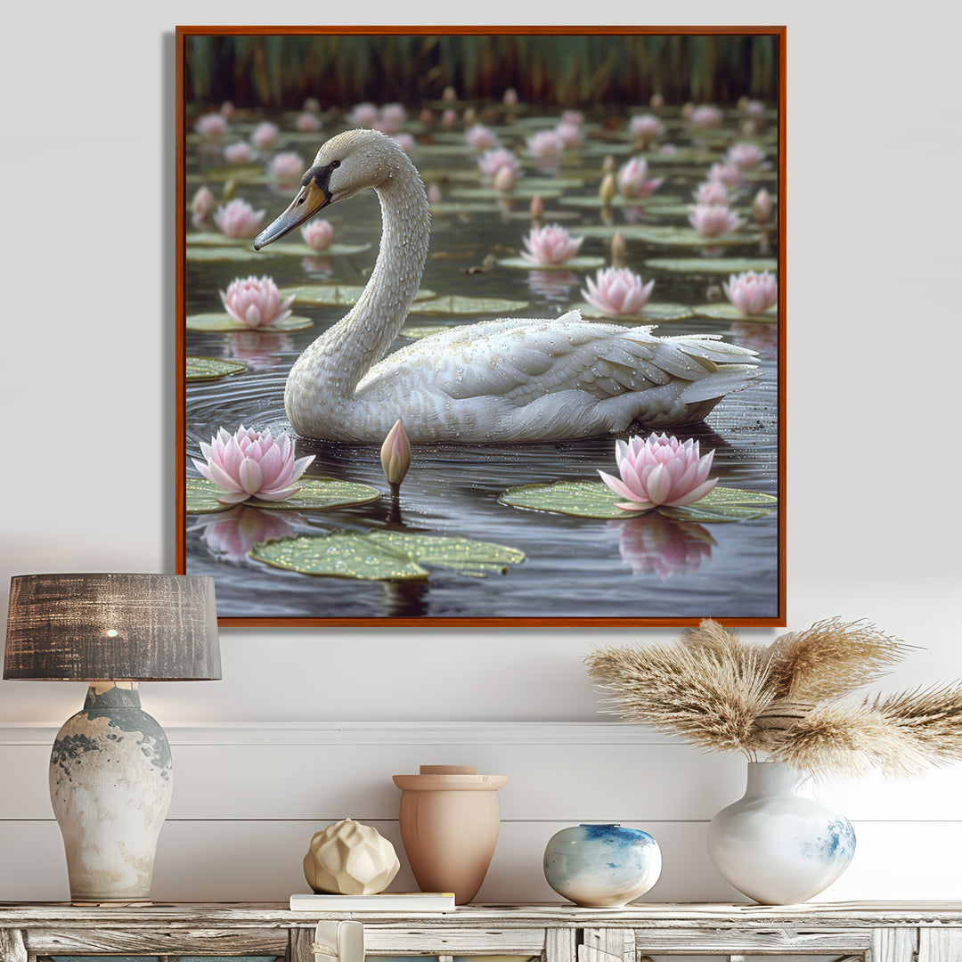 White Swan In Pond Blossoming Pink Lotus - Swans Canvas Wall Art