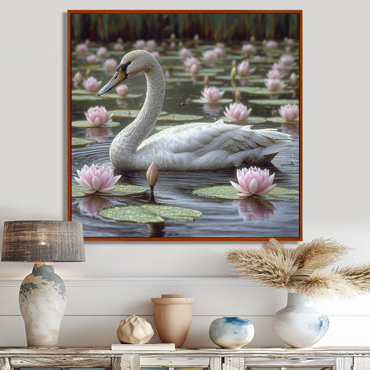 White Swan In Pond Blossoming Pink Lotus - Swans Canvas Wall Art
