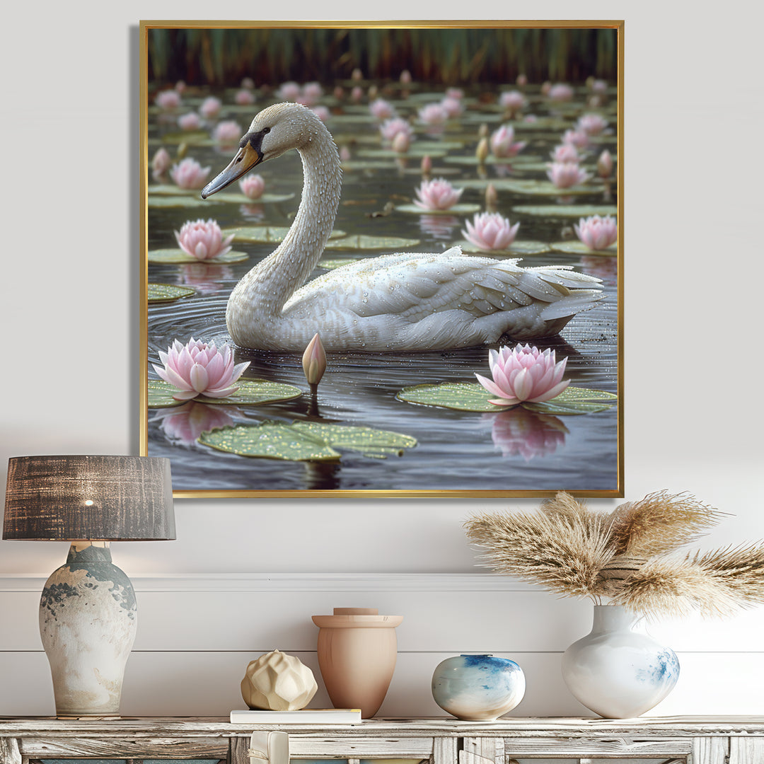 White Swan In Pond Blossoming Pink Lotus - Swans Canvas Wall Art