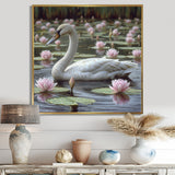 White Swan In Pond Blossoming Pink Lotus - Swans Canvas Wall Art